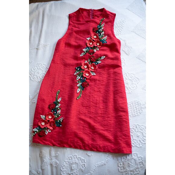 Vintage Mod Mini Dress Barkcloth 70s Sleeveless Red Floral Applique XS Party - Picture 1 of 10